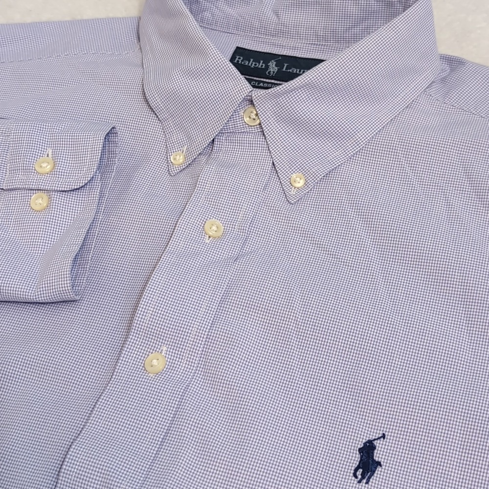 Ralph Lauren Mens Large Purple Micro Gingham Check Classic Fit 18 34/35